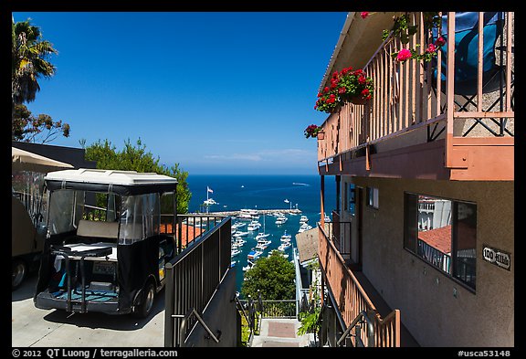 House and golf cart overlooking harbor, Avalon, Santa Catalina Island. California, USA (color)