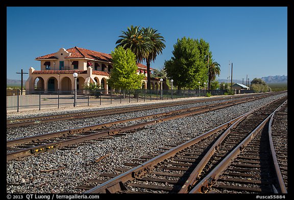 Kelso Depot across railroad tracks. Mojave National Preserve, California, USA (color)