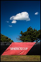 34th Americas cup sign, trees, and clouds. San Francisco, California, USA (color)