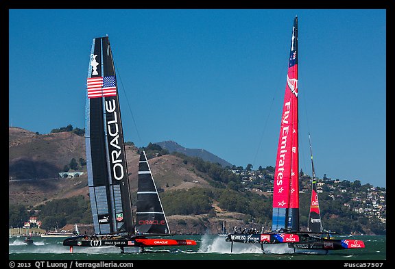 USA and New Zealand boats foiling at 40 knots during final race of America's cup. San Francisco, California, USA