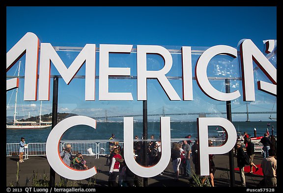 Bay Bridge seen through America's Cup log at America's Cup Park. San Francisco, California, USA