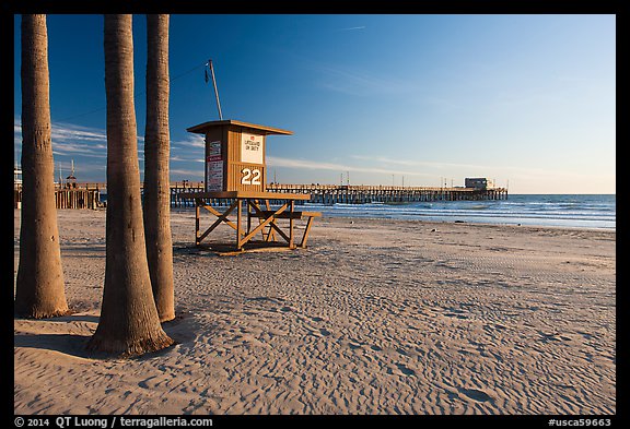 Lifeguard tower, empty beach, and Newport Pier. Newport Beach, Orange County, California, USA (color)