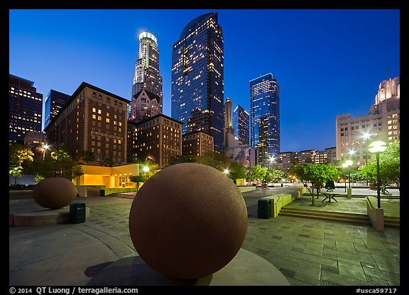 Pershing Square and skyscrappers at dusk. Los Angeles, California, USA (color)