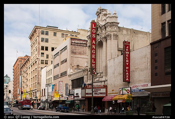 Downtown street with Los Angeles historic theater. Los Angeles, California, USA (color)