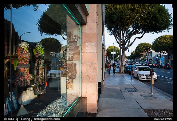 Storefront and downtown street. Santa Monica, Los Angeles, California, USA (color)
