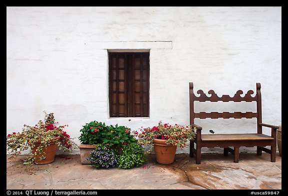 Potted plants, bench and wall, Historic Paseo. Santa Barbara, California, USA (color)