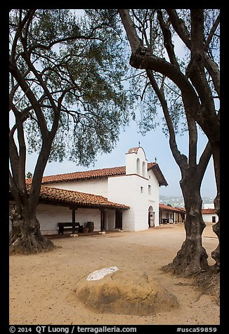 Chapel and Presidio seen through trees. Santa Barbara, California, USA (color)