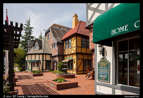 Court with half-timbered buildings. Solvang, California, USA (color)