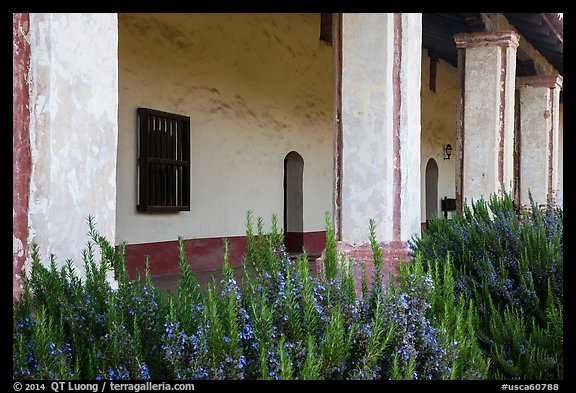 Flowers and gallery, La Purísima Mission. Lompoc, California, USA (color)