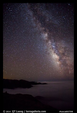 Sky at night with Milky Way above sea of clouds, Garrapata State Park. Big Sur, California, USA (color)