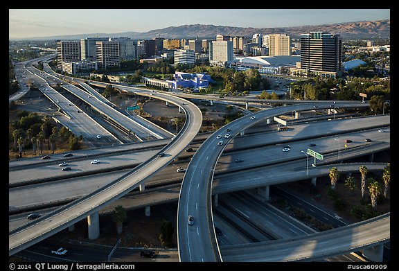 Aerial view of highway exchange and downtown. San Jose, California, USA (color)