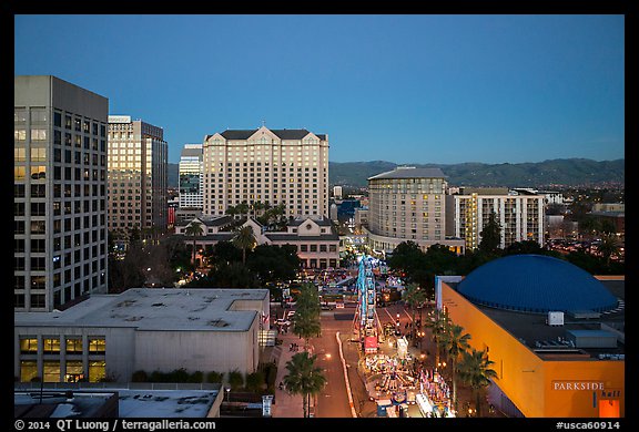 Aerial view of downtown at dusk during holidays. San Jose, California, USA (color)