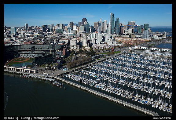 Aerial view of South Beach Harbor, ATT Park, and downtown. San Francisco, California, USA (color)