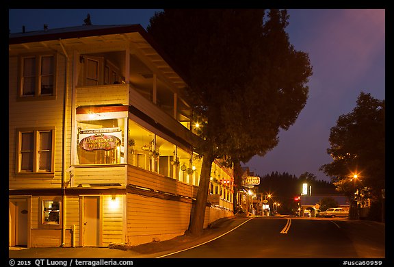 Groveland hotel and main street at night. California, USA (color)