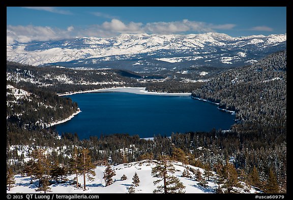 Donner Lake and snowy mountains in winter. California, USA (color)