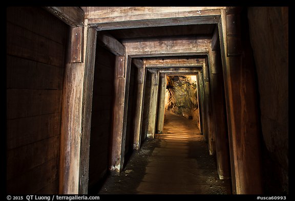 Gallery with wooden support beams, Gold Bug Mine, Placerville. California, USA (color)