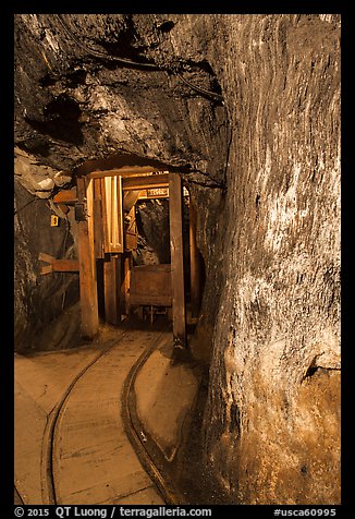 Gallery with tracks and ore car, Gold Bug Mine, Placerville. California, USA (color)