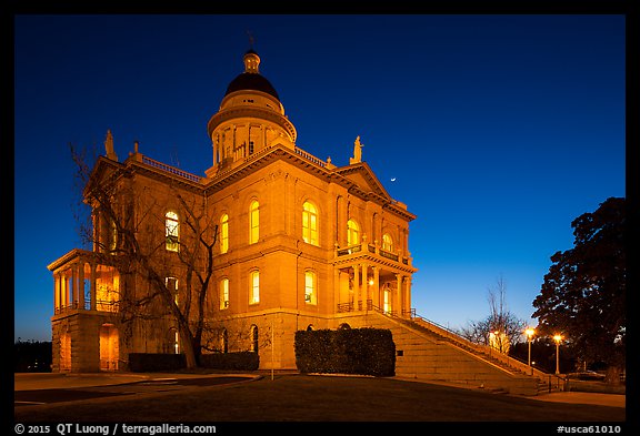 Placer County Courthouse at dusk with crescent moon, Auburn. Califoxrnia, USA (color)