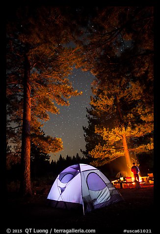 Tent and campfire at night,  Prosser Ranch Group Campground, Tahoe National Forest. California, USA (color)
