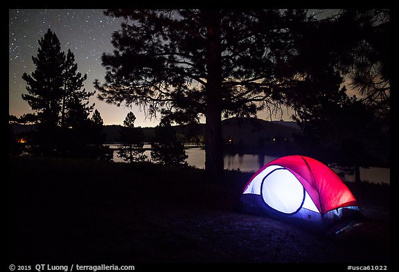 Tent and Prosser Reservoir at night, Tahoe National Forest. California, USA (color)
