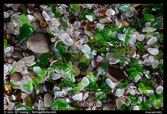 Close-up of green and clear seaglass. Fort Bragg, California, USA (color)