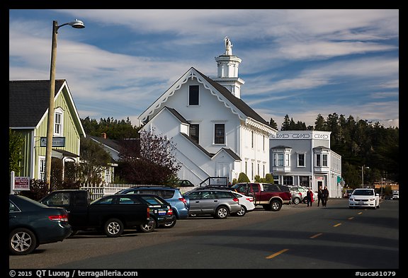 Street and church. Mendocino, California, USA (color)