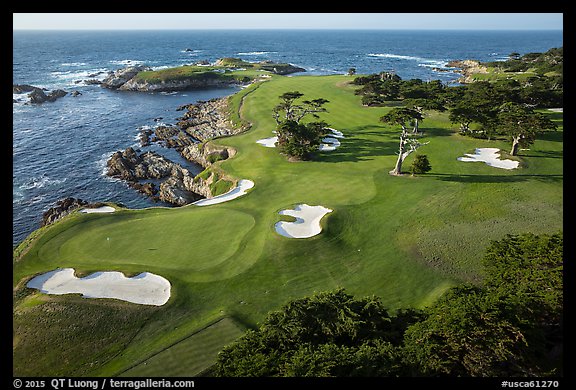 Aerial view of golf course on edge of coast. Pebble Beach, California, USA (color)