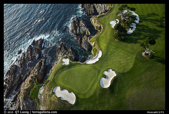 Aerial view of golf course and coastline. Pebble Beach, California, USA (color)