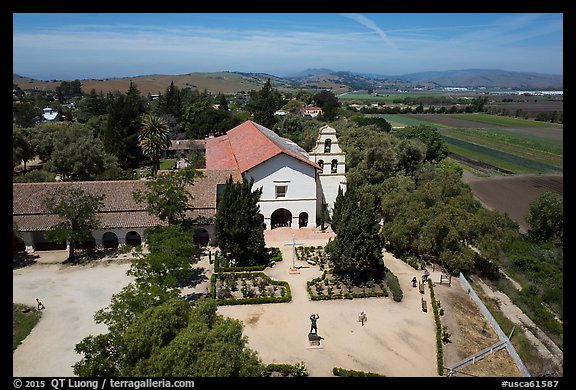 Aerial view of Mission San Juan Bautista. San Juan Bautista, California, USA (color)