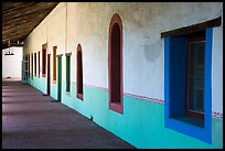 Brightly colored windows, inside arcade, Mission San Miguel. California, USA ( color)