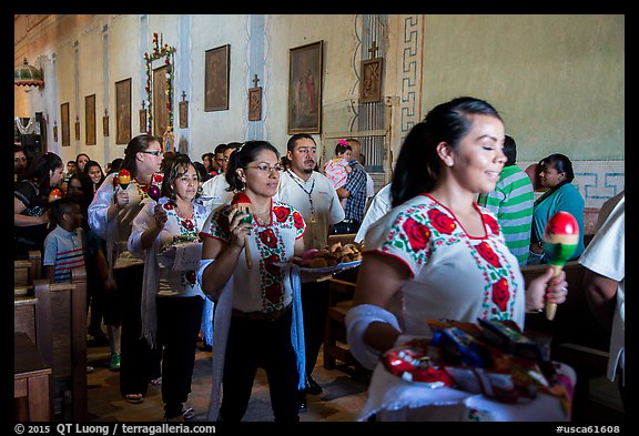 Mexican worshippers during festival, Mission San Miguel. California, USA (color)