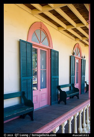 Zanetta House porch, San Juan Bautista State Historical Park. San Juan Bautista, California, USA (color)