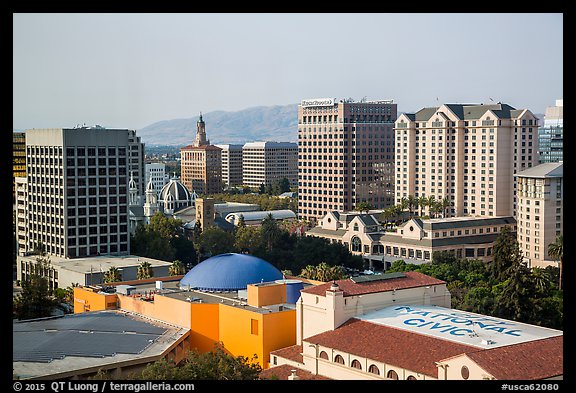 Rooftops and skyline with San Jose landmark buildings. San Jose, California, USA (color)