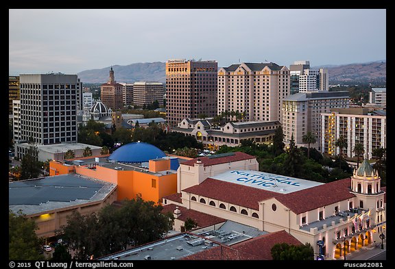 City National Civic and skyline at dusk from above. San Jose, California, USA (color)