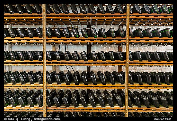 Bottles on rack, Korbel Champagne Cellars, Guerneville. California, USA (color)