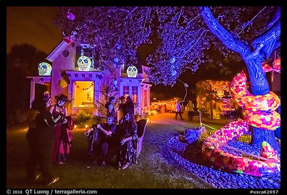 Revelers in Halloween costumes in decorated yard. Petaluma, California, USA (color)