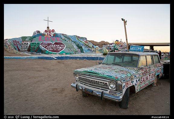 Painted car and Salvation Mountain. Nyland, California, USA (color)