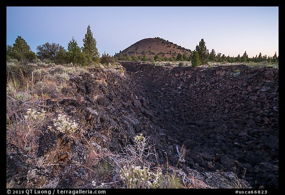 Lava depression and Schonchin Butte, dawn. Lava Beds National Monument, California, USA