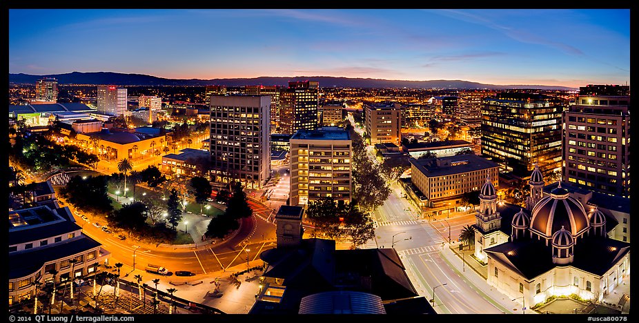 Downtown San Jose skyline and lights at dusk. San Jose, California, USA