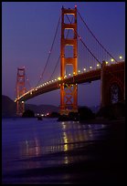 Golden Gate bridge and surf seen from E Baker Beach, dusk. San Francisco, California, USA