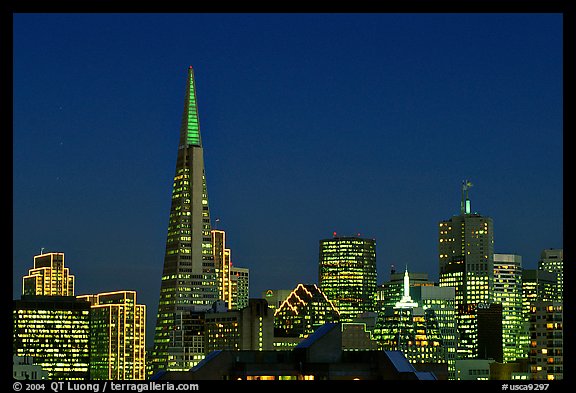 Skyline with Transamerica Pyramid at night. San Francisco, California, USA (color)