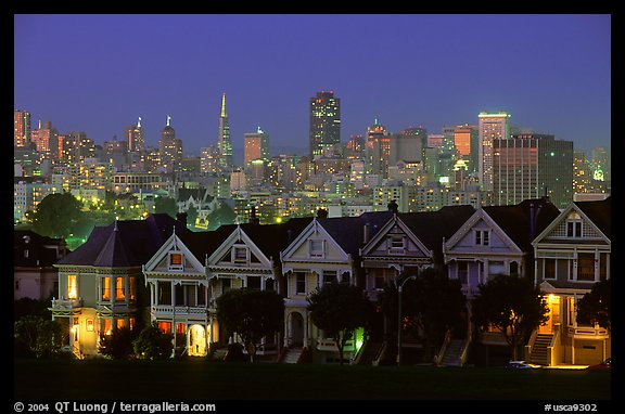 Victorians at Alamo Square and skyline, night. San Francisco, California, USA (color)