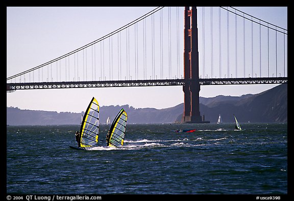 Windsurfers at Crissy Field, with the Golden Gate Bridge behind. San Francisco, California, USA (color)