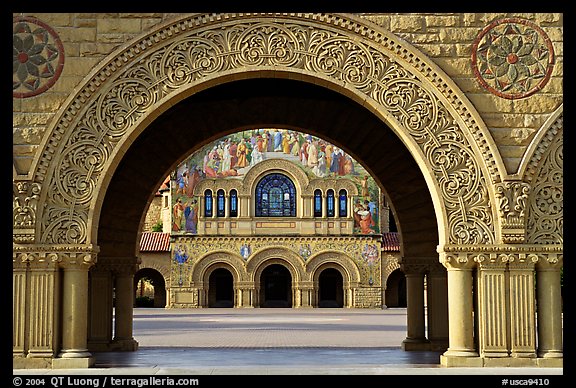 Memorial Church through the Quad's arch, early morning. Stanford University, California, USA