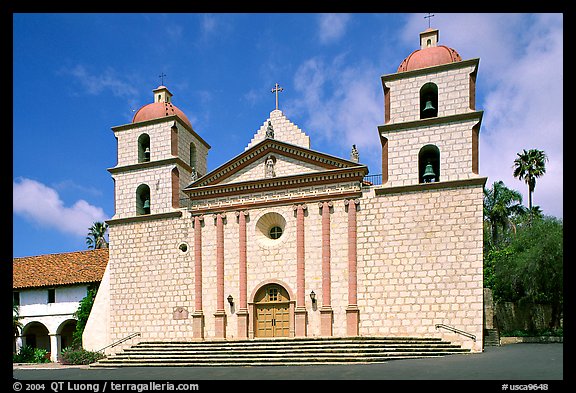 Chapel facade, Mission Santa Barbara, morning. Santa Barbara, California, USA (color)