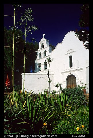 Agaves and front of Mission San Diego de Alcala. San Diego, California, USA