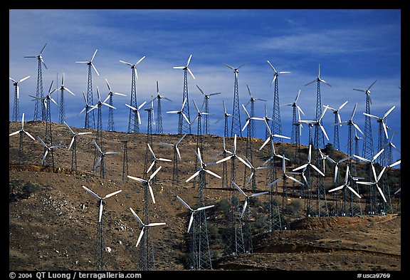 Windmills on barren hills, Tehachapi Pass. California, USA (color)