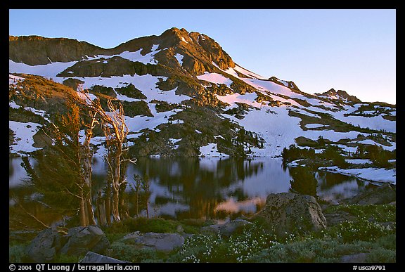 Round Top Peak and Winnemucca Lake, sunset. Mokelumne Wilderness, Eldorado National Forest, California, USA (color)
