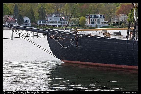 LA Dunton schooner and houses across the Mystic River. Mystic, Connecticut, USA