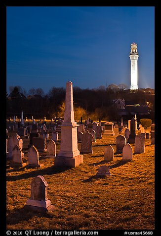 Cemetery and Pilgrim Monument by night, Provincetown. Cape Cod, Massachussets, USA